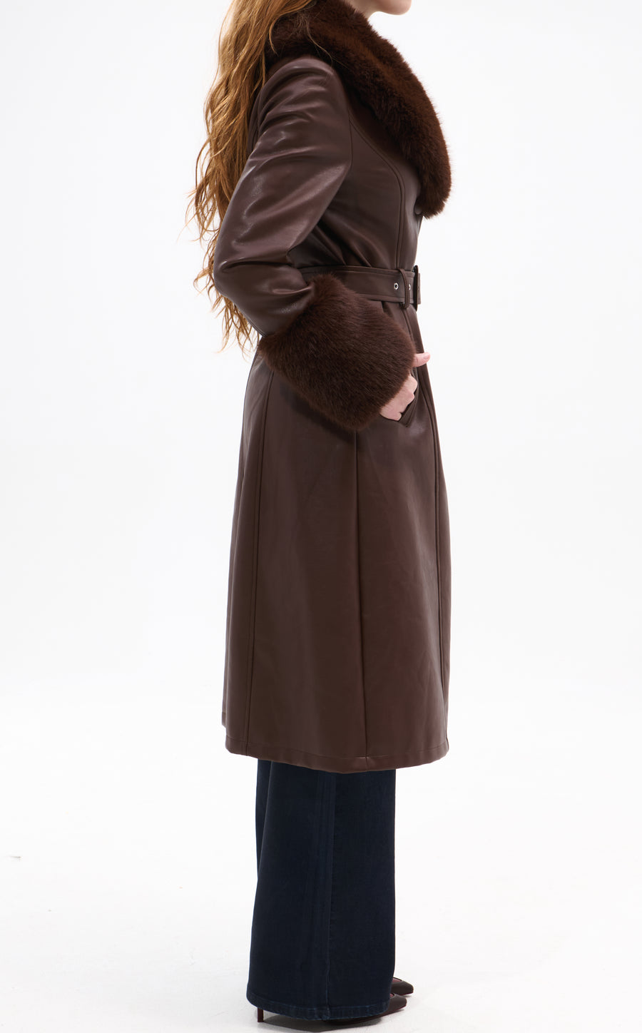 KAYA-BROWN FAUX FUR TRENCH JACKET