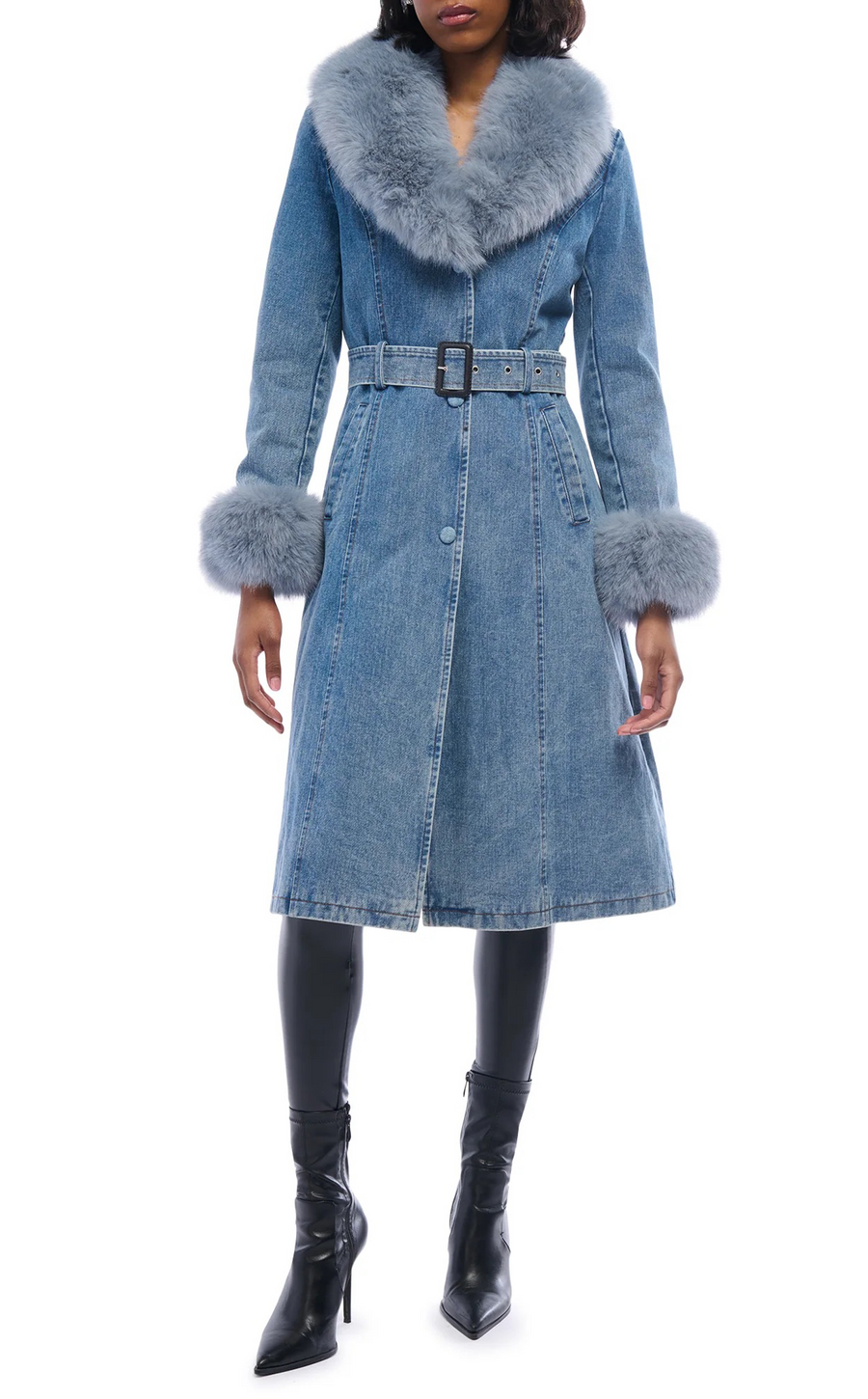 KAYA-DENIM FAUX FUR TRENCH JACKET