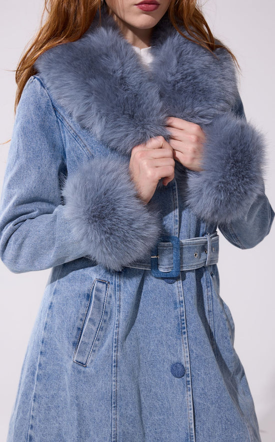 KAYA-DENIM FAUX FUR TRENCH JACKET