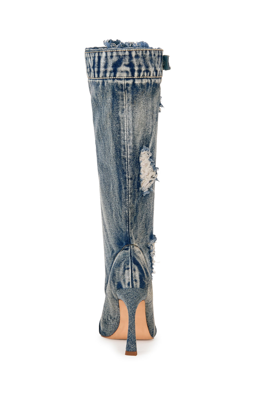 denim knee high western boot with a peep toe, stiletto heel and distressed patches on the shaft