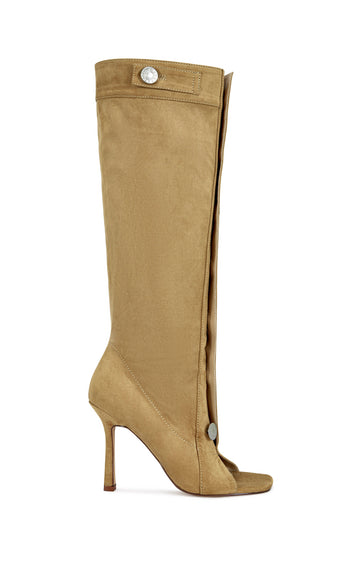 tan faux suede knee high western boot with a peep toe, stiletto heel and a button up closure on the shaft