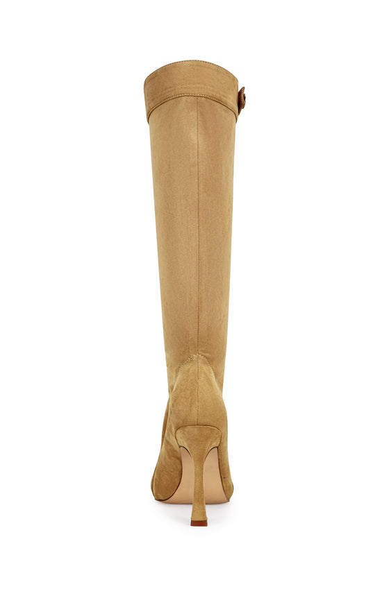 tan faux suede knee high western boot with a peep toe, stiletto heel and a button up closure on the shaft