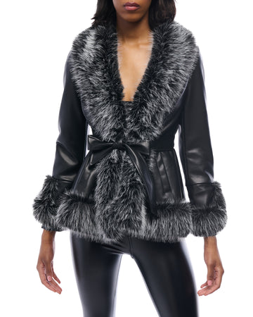 black faux leather statement jacket with a cinched waist tie up closure and black and white faux fur lined collar and cuffs