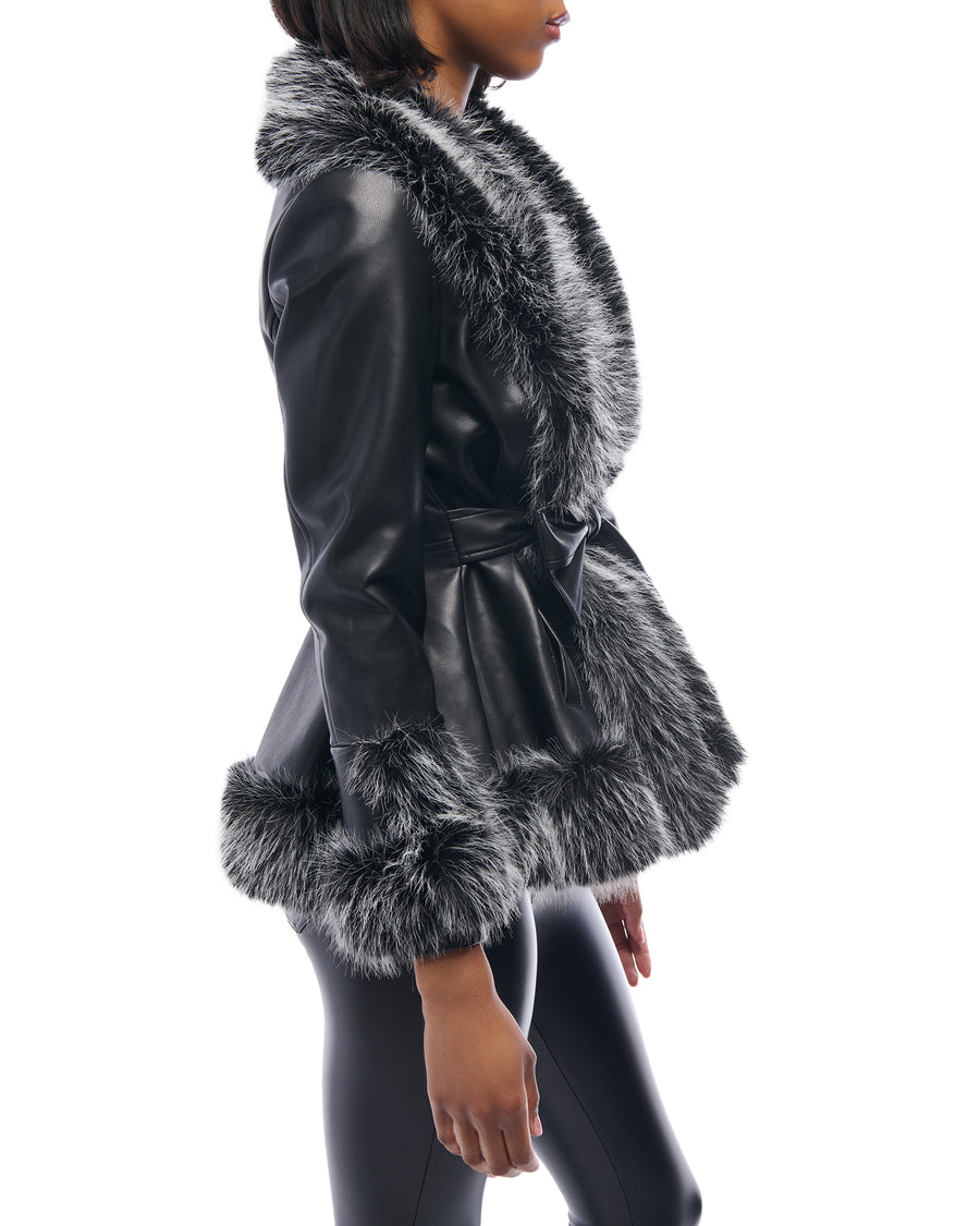 black faux leather statement jacket with a cinched waist tie up closure and black and white faux fur lined collar and cuffs