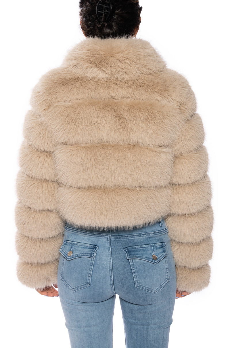 back view of luxurious cropped zip up beige faux fur jacket with accent collar
