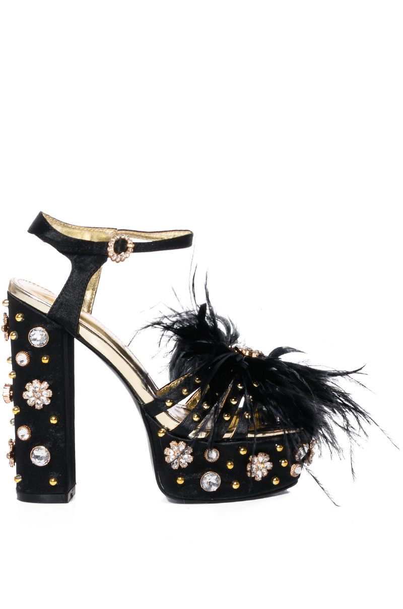 black platform open toe heels with rhinestone pearl and feather embellishment