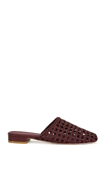 burgundy woven faux leather slip on flat sandals