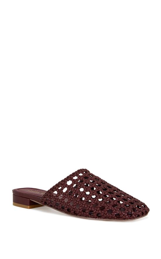 burgundy woven faux leather slip on flat sandals