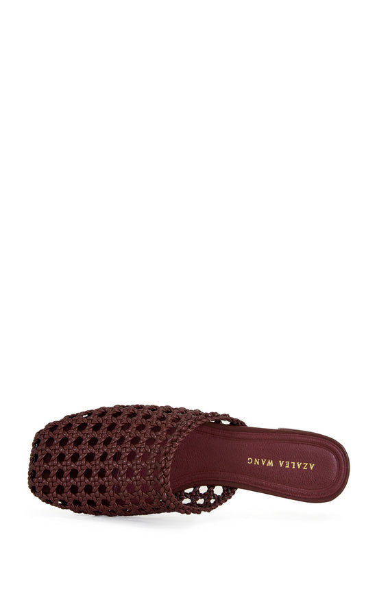 burgundy woven faux leather slip on flat sandals