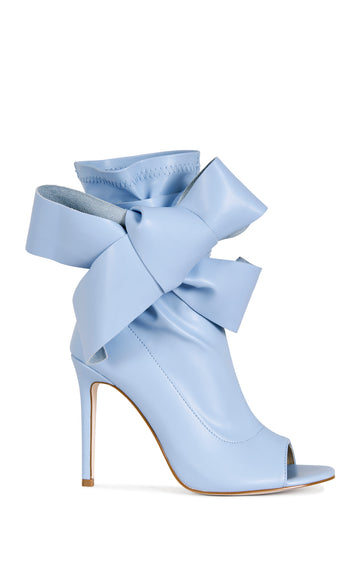 Baby blue faux leather peep toe stiletto bootie with a bow tie up accent