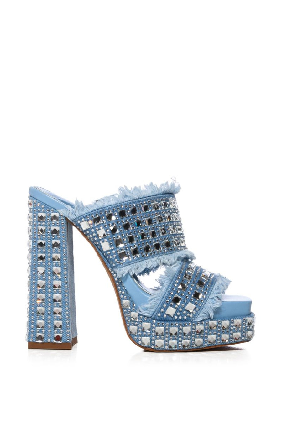 platform open toe slip on denim heels with square cut rhinestone embellished and fringe detail