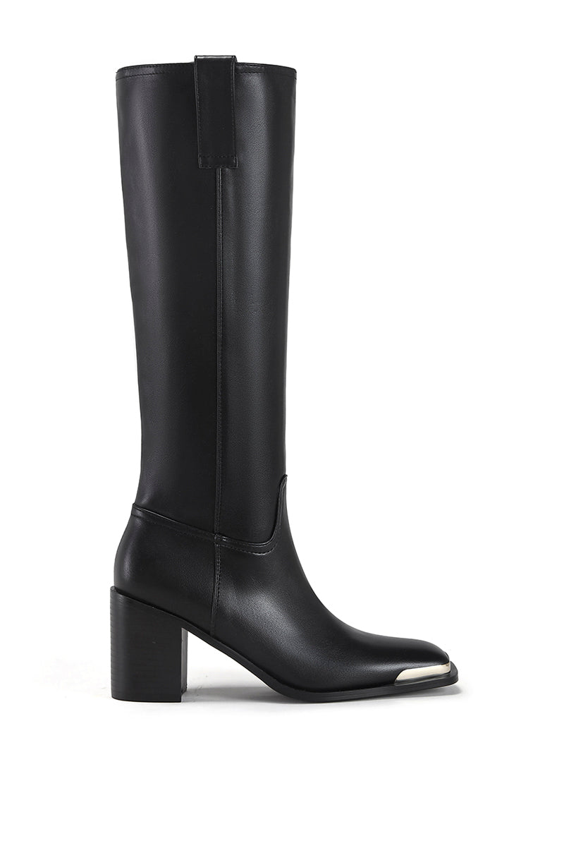 black faux leather western inspired riding boot with a silver hardware toe accent and a block heel