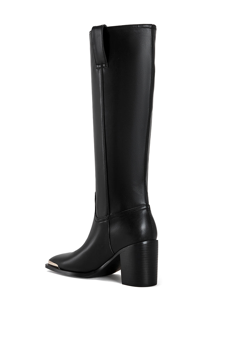 back view of black faux leather western inspired riding boot with a silver hardware toe accent and a block heel