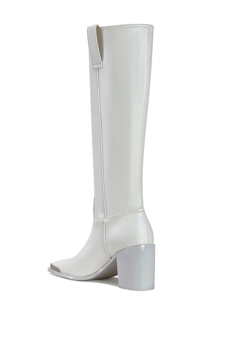 back view of white faux leather western inspired riding boot with a silver hardware toe accent and a block heel