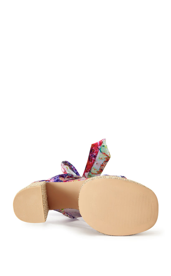platform open toe statement heels with a raffia lined sole and floral printed wrap up scarves