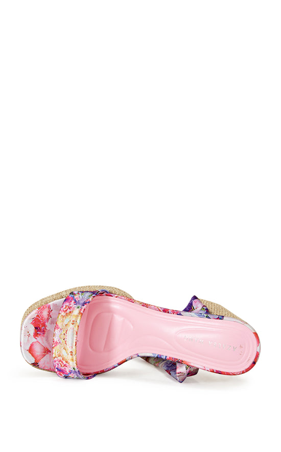 platform open toe statement heels with a raffia lined sole and floral printed wrap up scarves