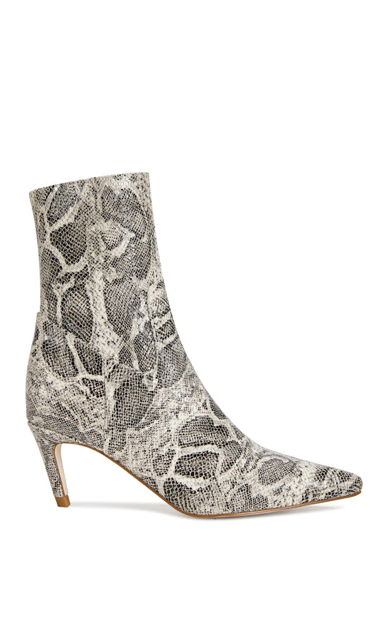 white faux snake skin pointed toe stiletto bootie