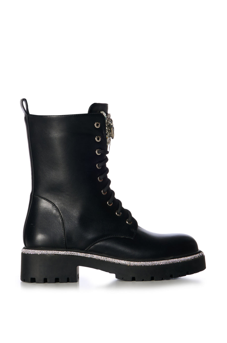 black faux leather combat bootie with a lace up design, chunky rhinestone details on the front, and a crystal lined sole