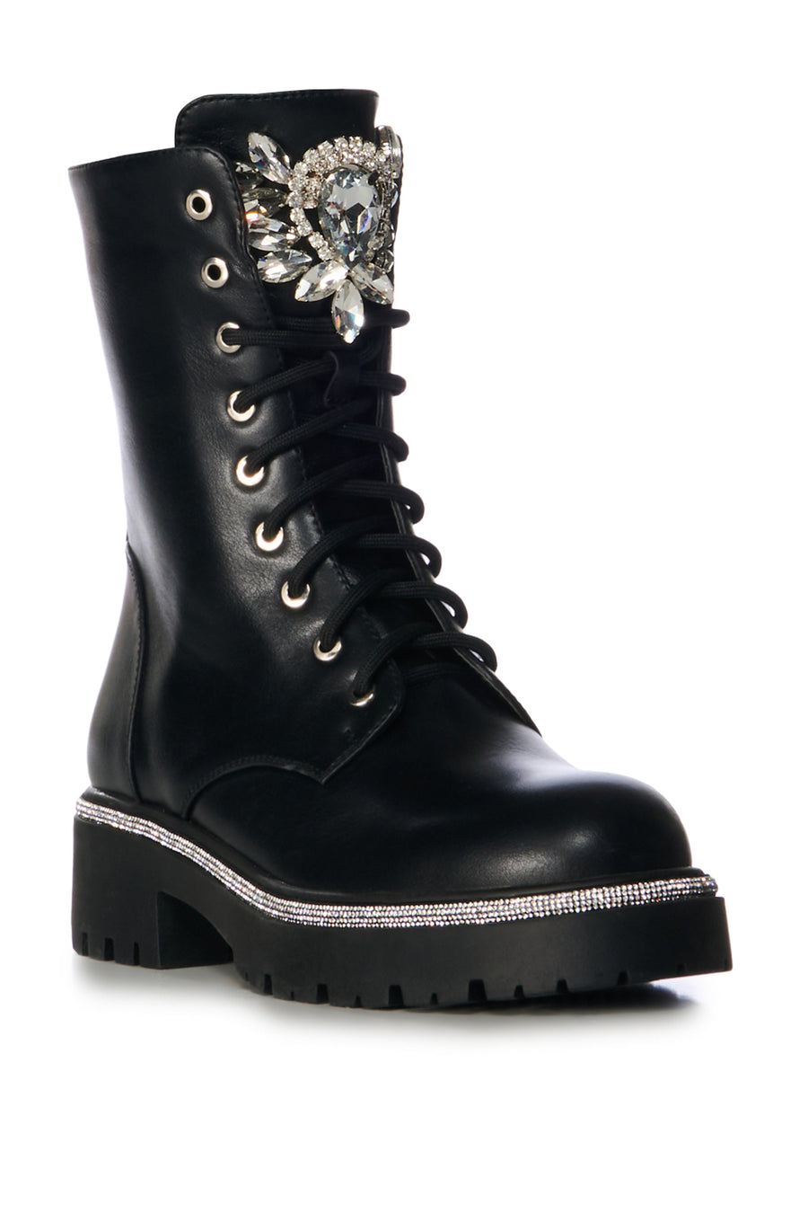 black faux leather combat bootie with a lace up design, chunky rhinestone details on the front, and a crystal lined sole