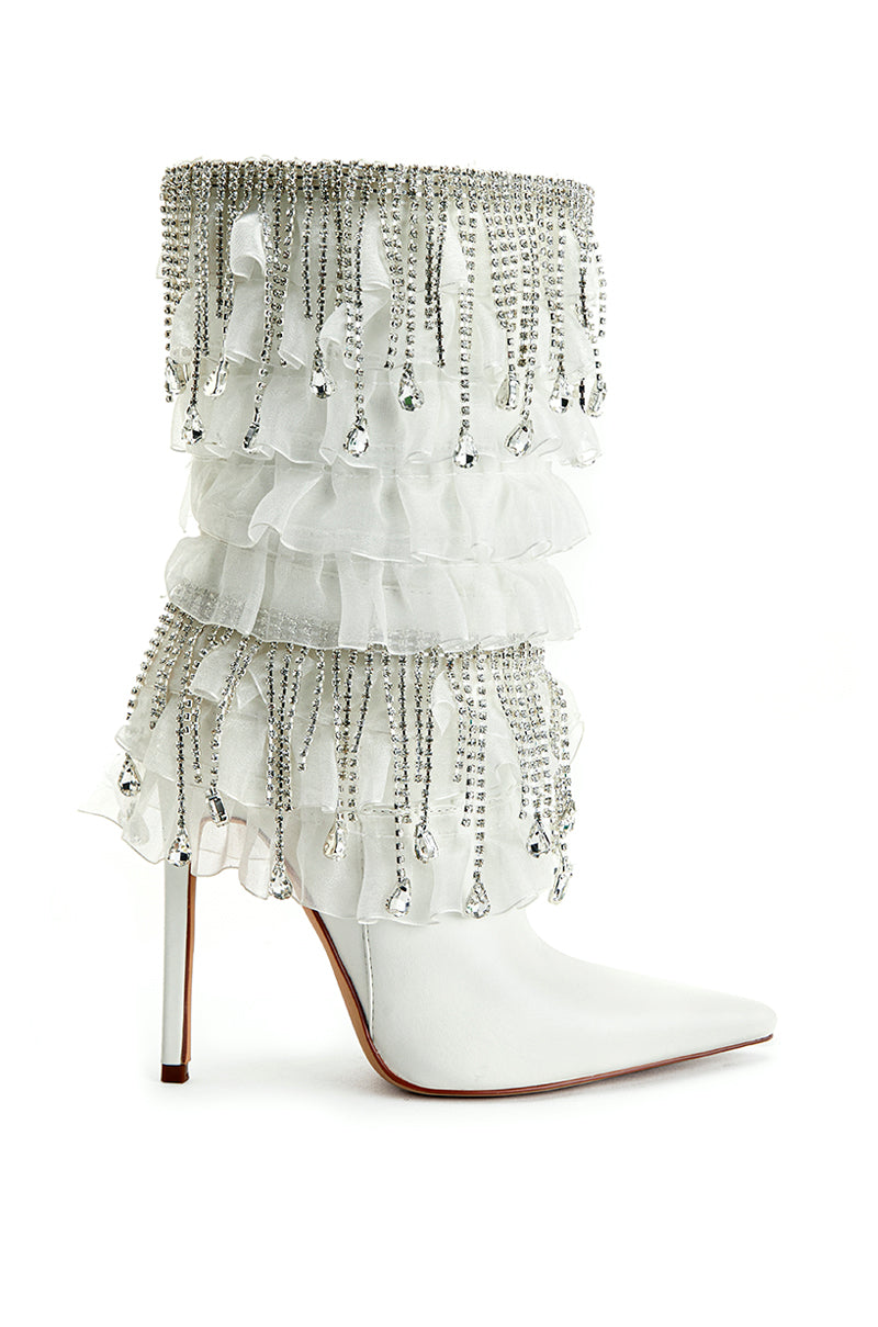 white faux leather pointed toe stiletto boots with ruffled tulle and crystal draping