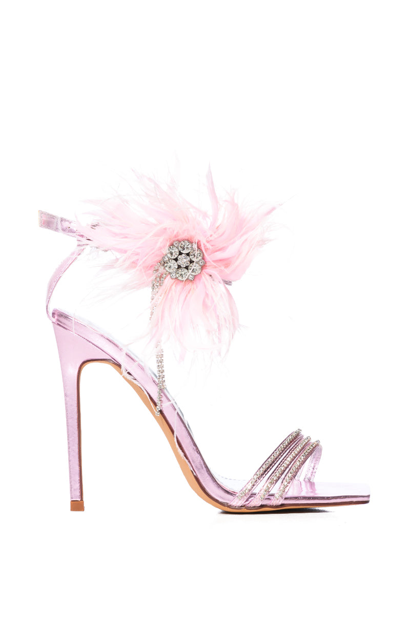 metallic pink open toe strappy stiletto heels with rhinestone and feather detail