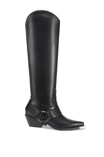 black knee high western boot with a moto boot belted accent on the ankle with silver hardware on the toe