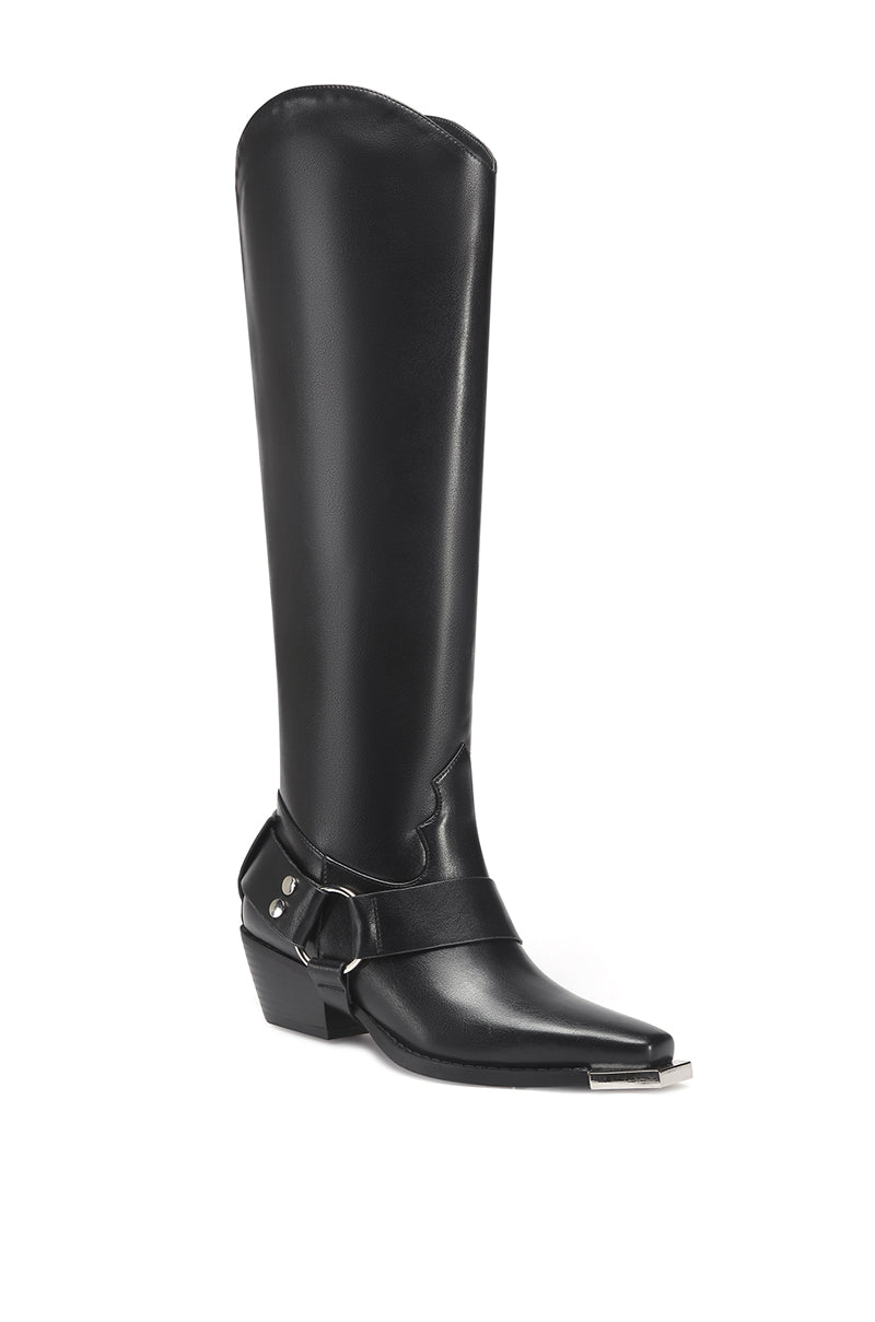 angled view of black knee high western boot with a moto boot belted accent on the ankle with silver hardware on the toe