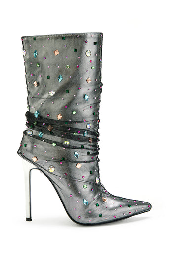 stiletto heel pointed toe boots with black tulle overlay and rhinestone crystal detail