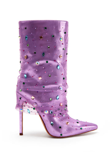 stiletto heel pointed toe boots with lilac purple tulle overlay and rhinestone crystal detail