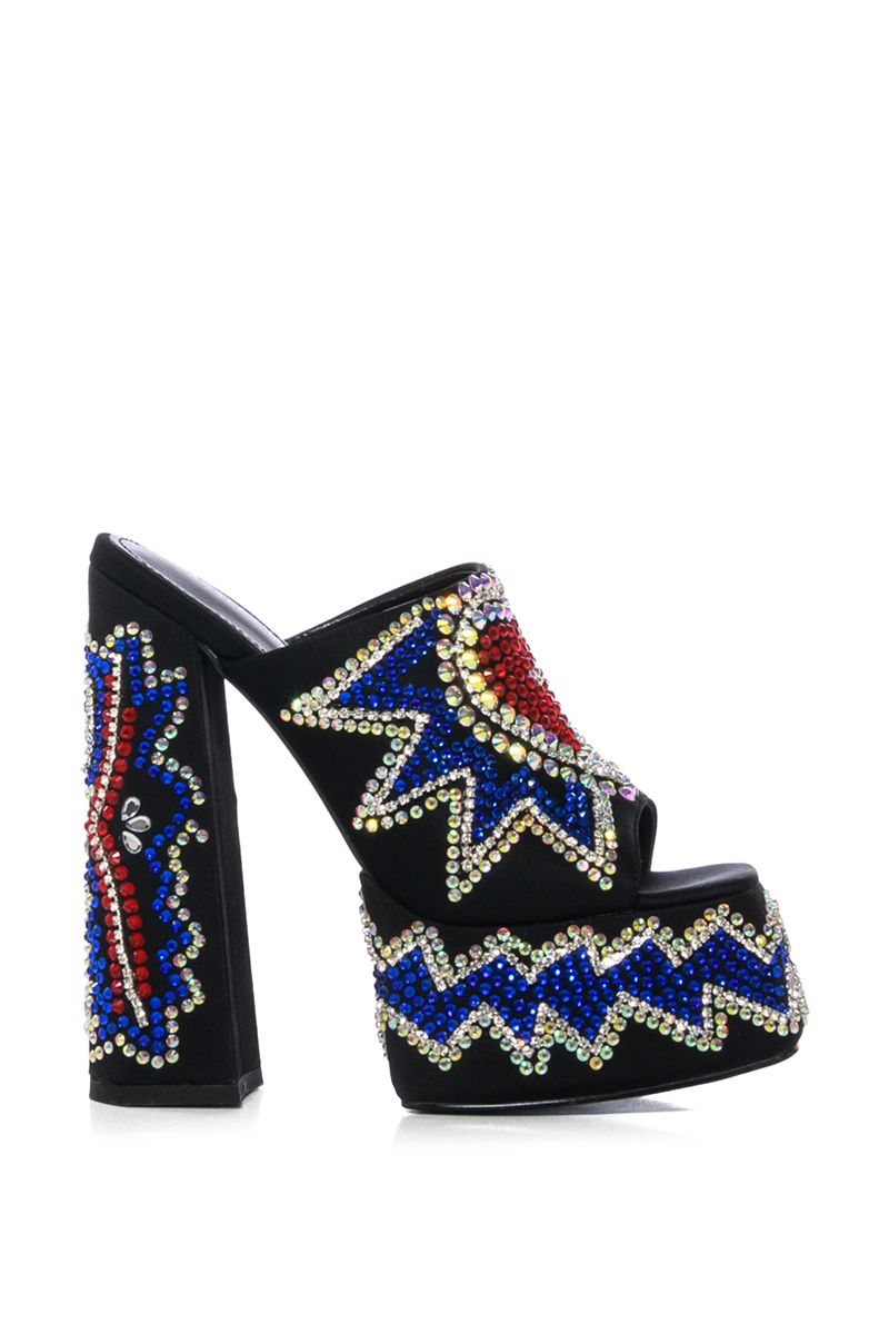 black peep toe slip on platform heels with blue and red rhinestone heart detail