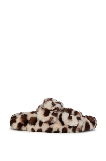 fuzzy slip on open toe slippers with a leopard print pattern with belted strap accents
