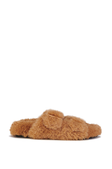 brown faux fur open toe slippers with double straps and buckle accents