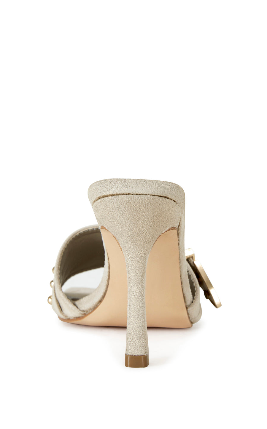 beige open toe statement stiletto heels with a gold western inspired belted accent on the strap