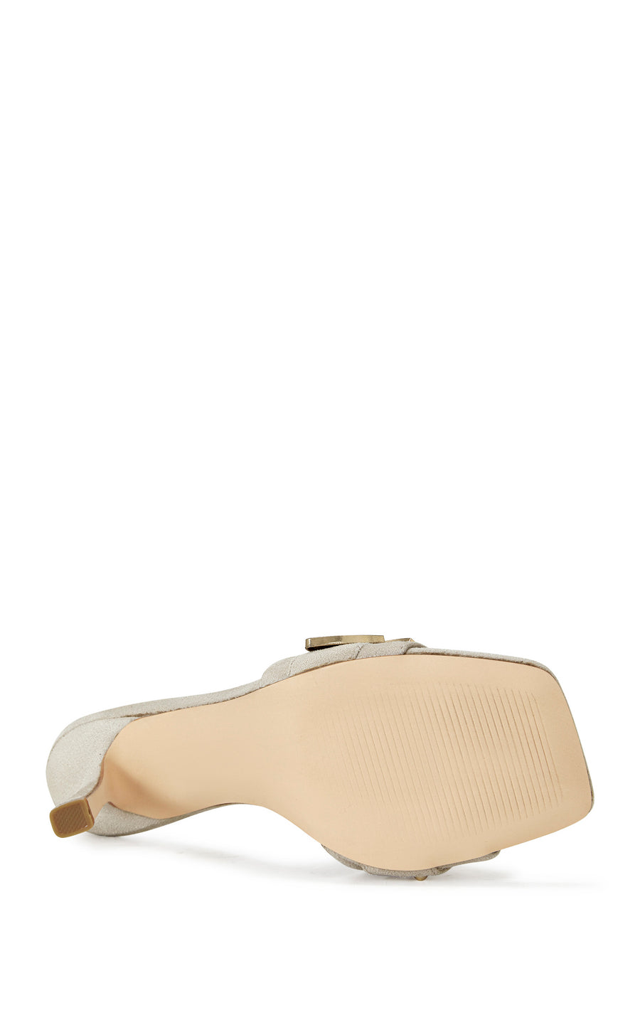 beige open toe statement stiletto heels with a gold western inspired belted accent on the strap