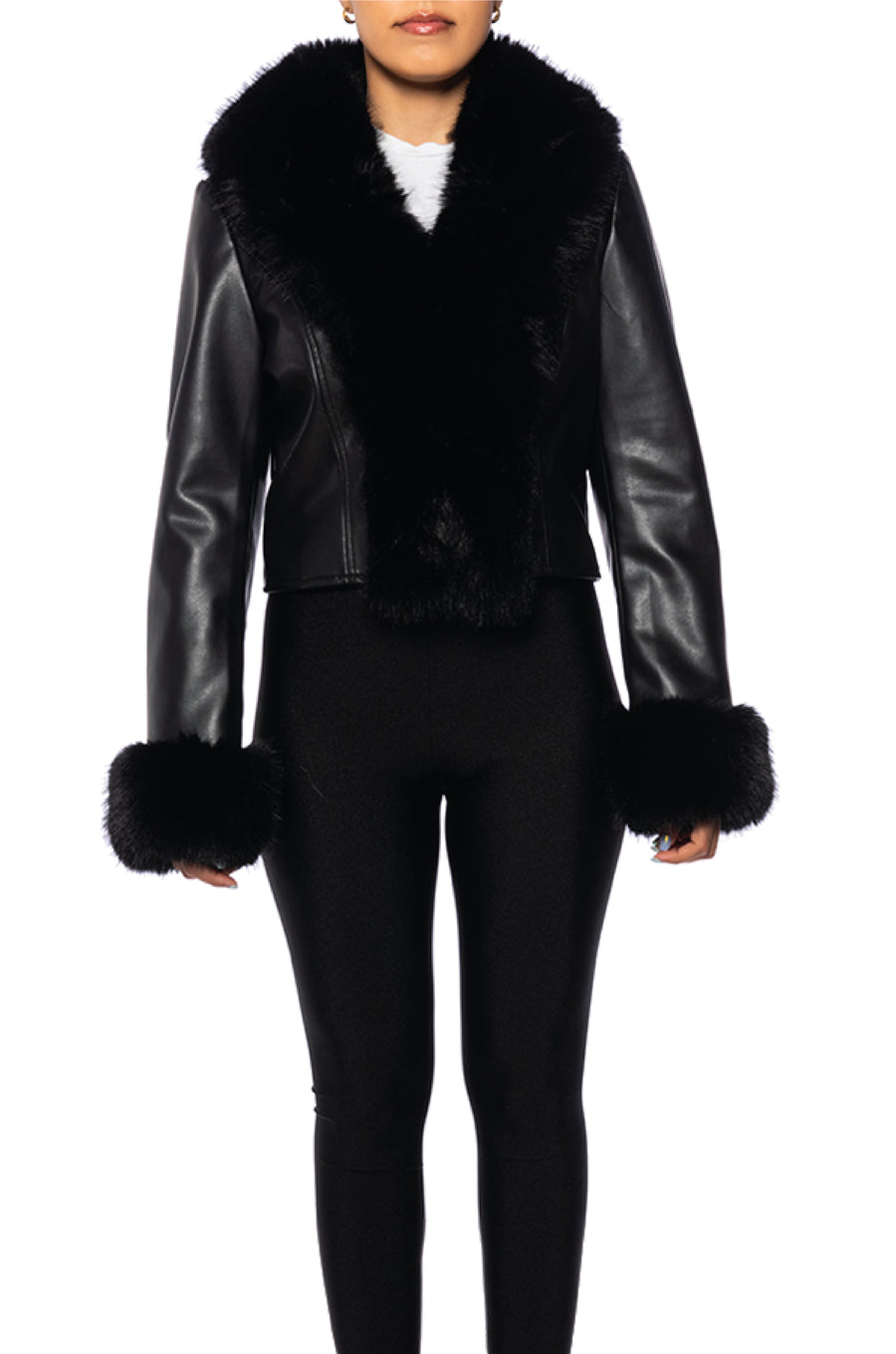 front view of black faux leather jacket with faux fur lined collar and cuffs