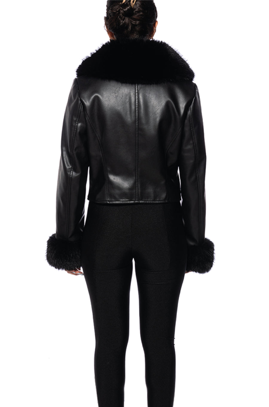 back view of black faux leather cropped jacket with faux fur lining