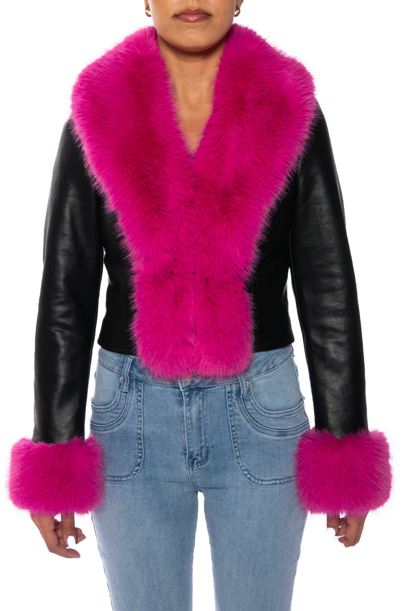 Black faux leather jacket with fuchsia faux fur lined collar and cuffs