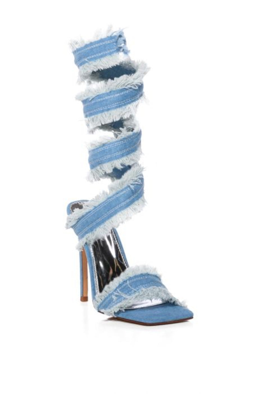 denim open toe stiletto heels with a distressed denim wrap up cord