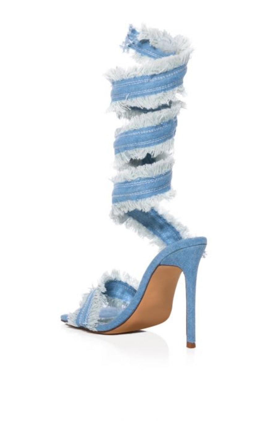 denim open toe stiletto heels with a distressed denim wrap up cord