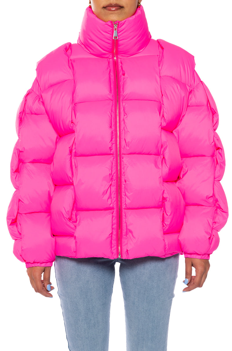 Hot pink statement quilted zip up puffer jacket with turtle neck collar