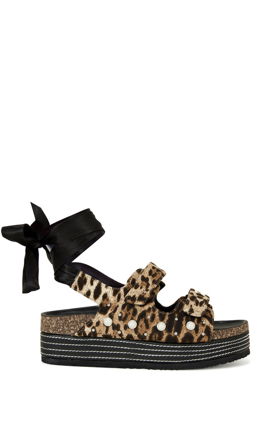 leopard print flatform sandal with satin ribbon wraps