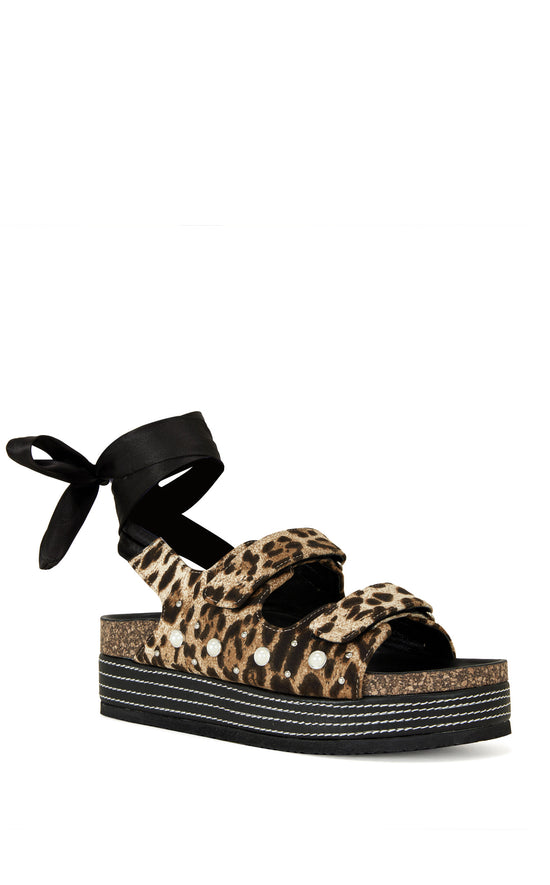leopard print flatform sandal with satin ribbon wraps
