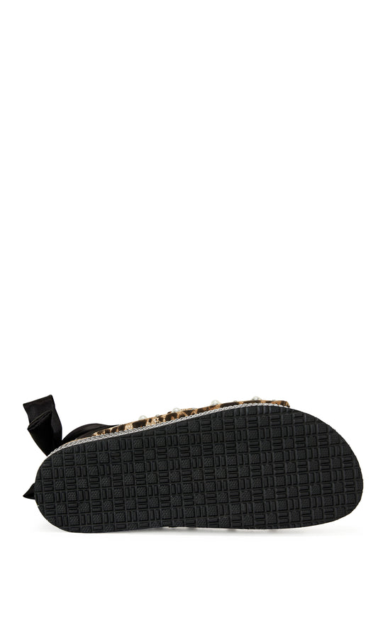 leopard print flatform sandal with satin ribbon wraps