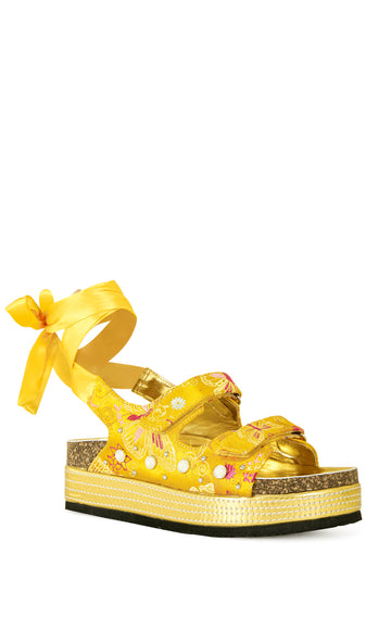 yellow brocade print flatform sandal with satin wraps