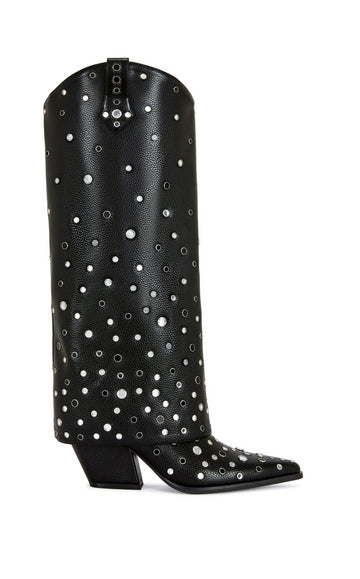 black faux leather fold over western boots with a block heel, pointed toe, ands silver circular stud accents all over the shaft
