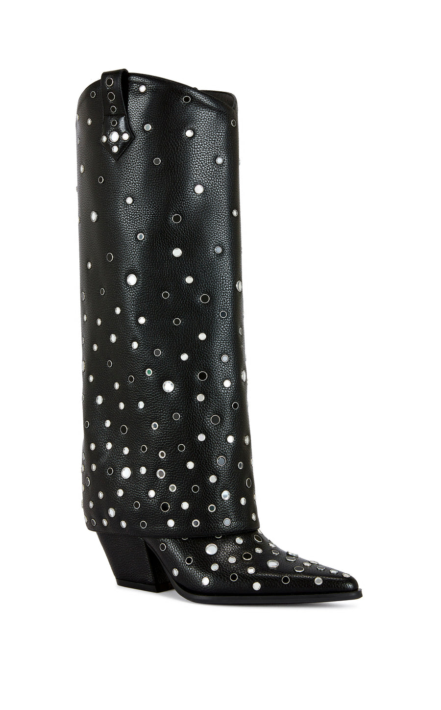 black faux leather fold over western boots with a block heel, pointed toe, ands silver circular stud accents all over the shaft