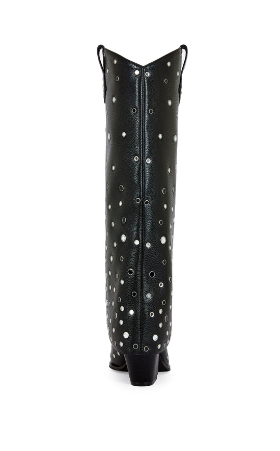 black faux leather fold over western boots with a block heel, pointed toe, ands silver circular stud accents all over the shaft
