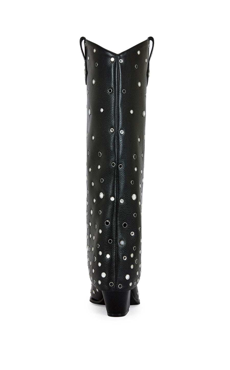 black faux leather fold over western boots with a block heel, pointed toe, ands silver circular stud accents all over the shaft