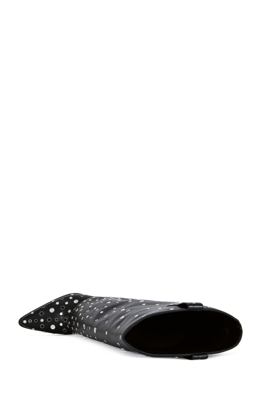 black faux leather fold over western boots with a block heel, pointed toe, ands silver circular stud accents all over the shaft