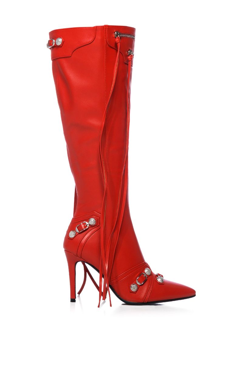 side view of mid calf length pointed toe stiletto boots made of red faux leather fabrication, including silver hardware accents and zip closer embellishments